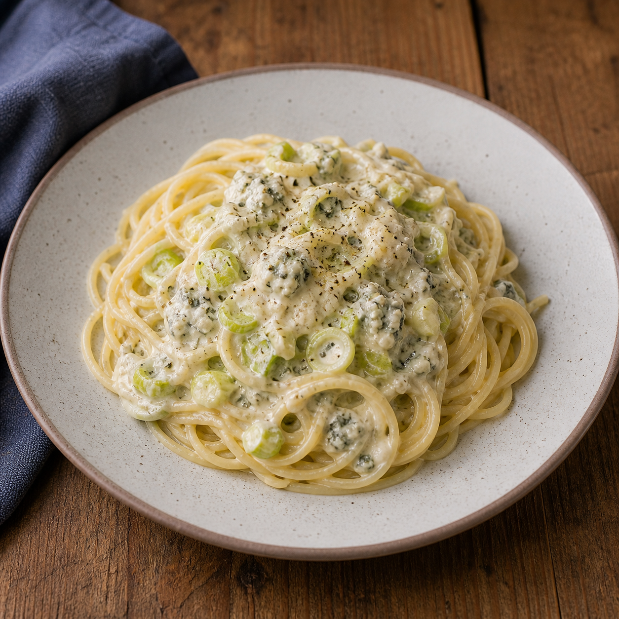 Je bekijkt nu Spaghetti met prei-gorgonzolasaus