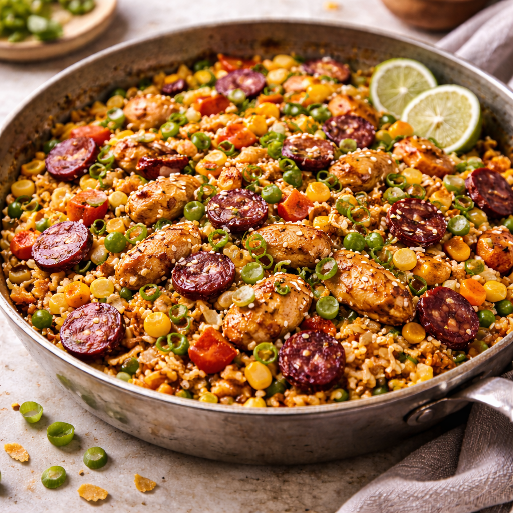 Je bekijkt nu Gebakken rijst met kip en chorizo