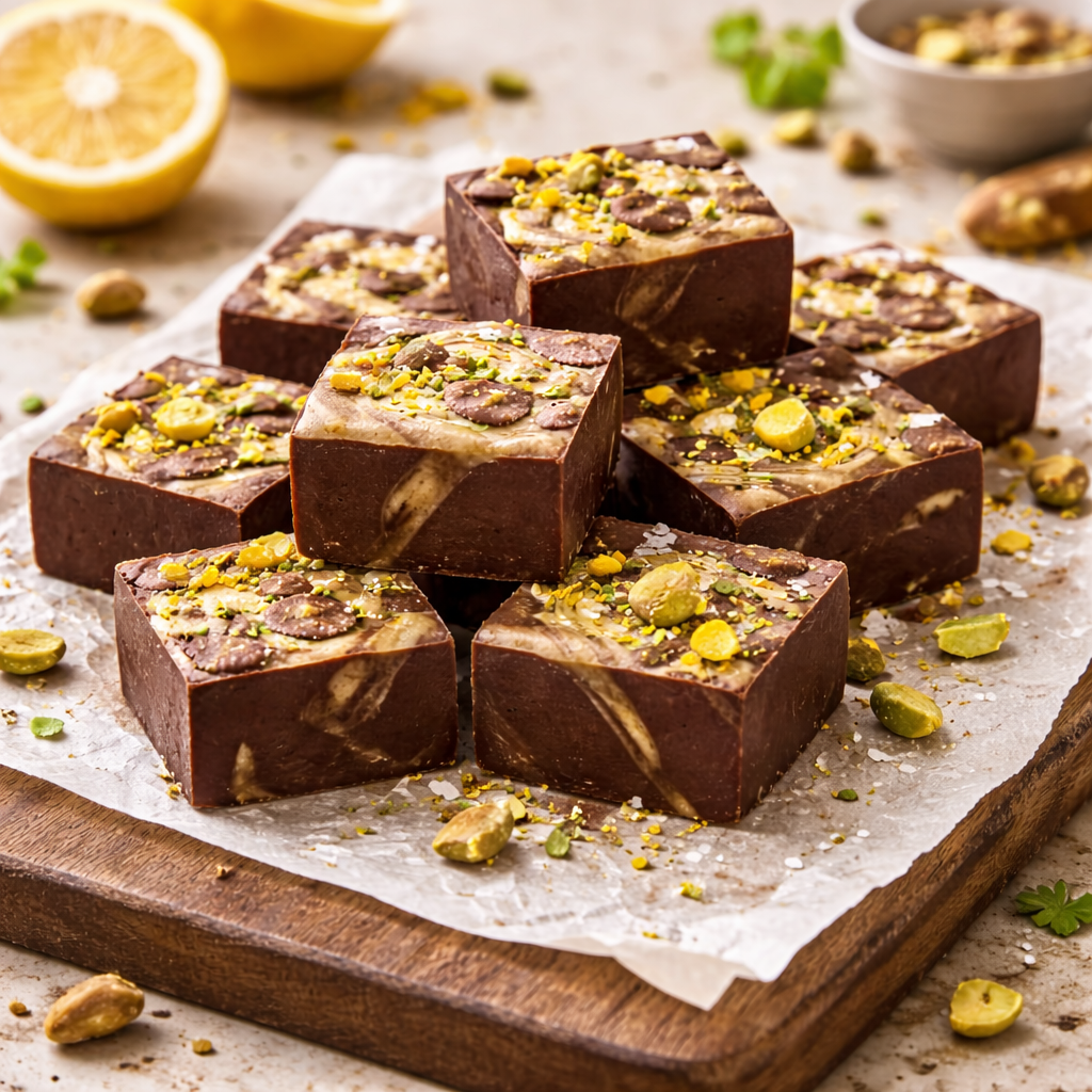 Lees meer over het artikel Lente chocolade-tahini fudge (met citroen & pistache)
