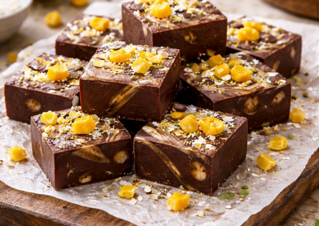 Zomerse chocolade-tahini fudge (met kokos & mango)