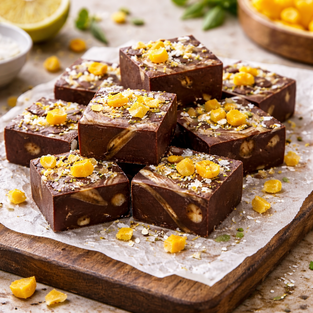 Lees meer over het artikel Zomerse chocolade-tahini fudge (met kokos & mango)